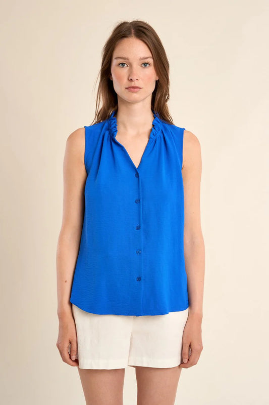 Sleeveless Ruffle Collar Blouse with Full Button Front Closure