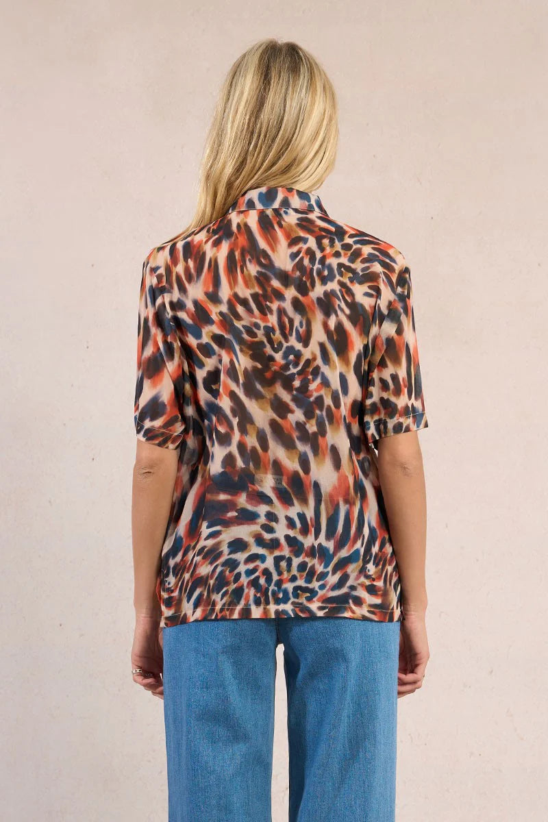 Animal Print Button Down Blouse with Shirt Collar & Semi-Sheer Fabric