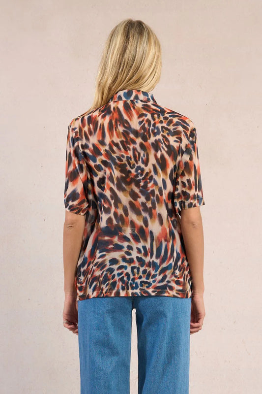 Animal Print Button Down Blouse with Shirt Collar & Semi-Sheer Fabric
