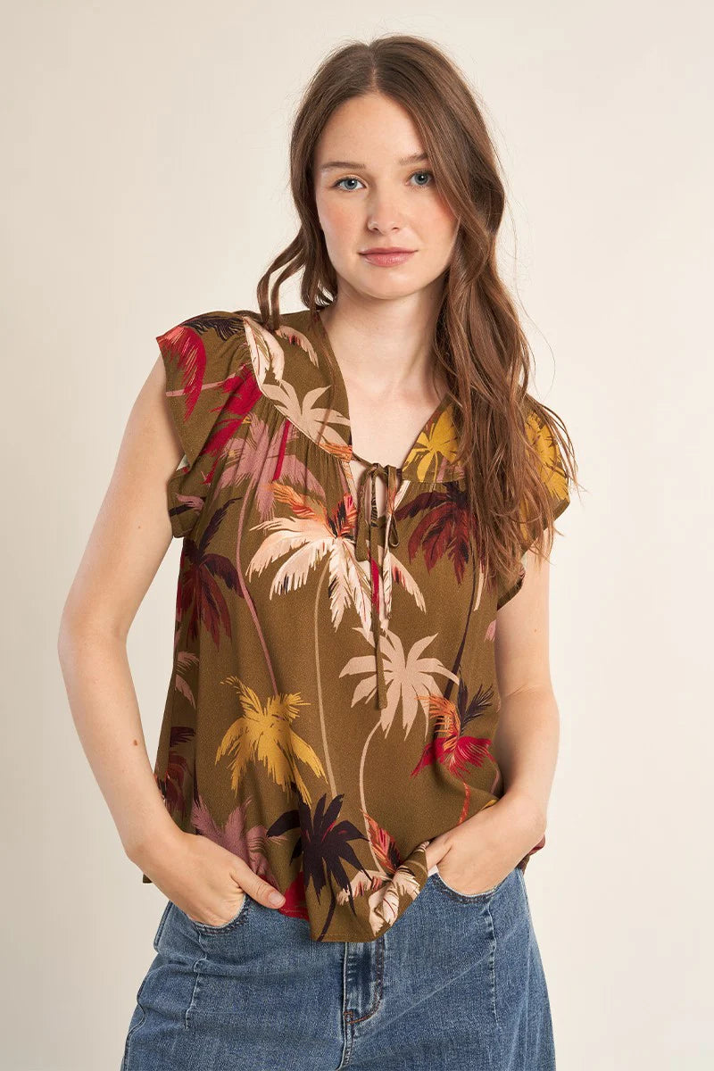 Earth Tone Palm Tree Print Flared Top with Knotted Collar & Ruffled Butterfly Sleeves