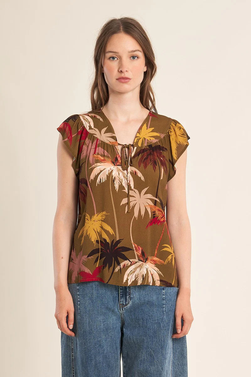Earth Tone Palm Tree Print Flared Top with Knotted Collar & Ruffled Butterfly Sleeves