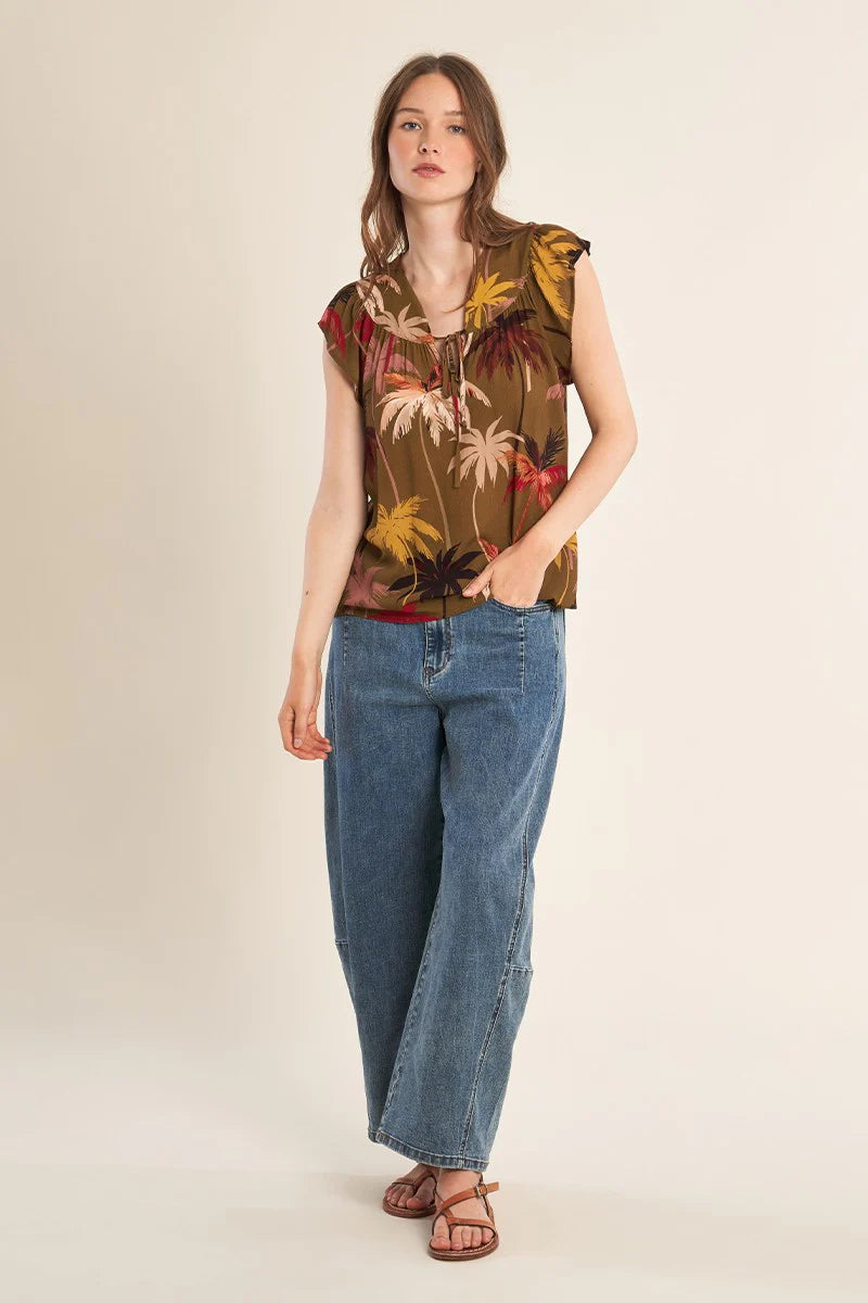 Earth Tone Palm Tree Print Flared Top with Knotted Collar & Ruffled Butterfly Sleeves