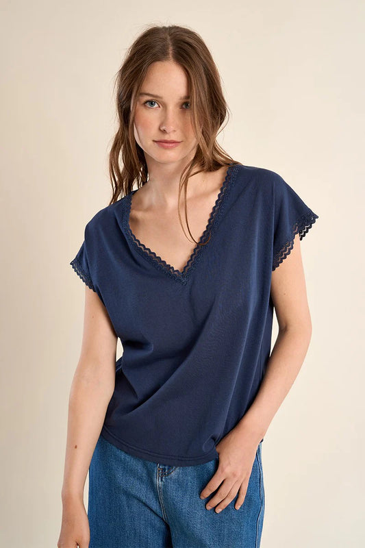 Navy V-Neck Lace Detail Top with Cap Sleeves – Elegant Straight Fit Blouse