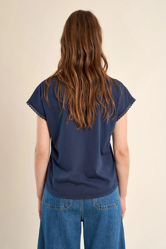 Navy V-Neck Lace Detail Top with Cap Sleeves – Elegant Straight Fit Blouse