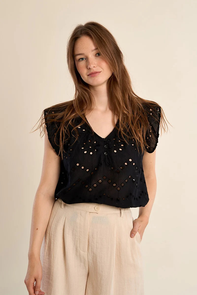 Black Openwork Embroidery Top – V-Neck Button Detail Blouse with Ruffled Short Sleeves