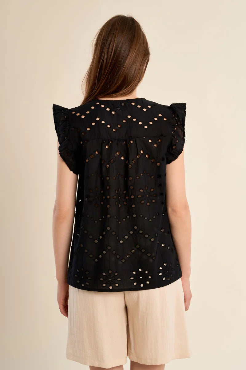 Black Openwork Embroidery Top – V-Neck Button Detail Blouse with Ruffled Short Sleeves