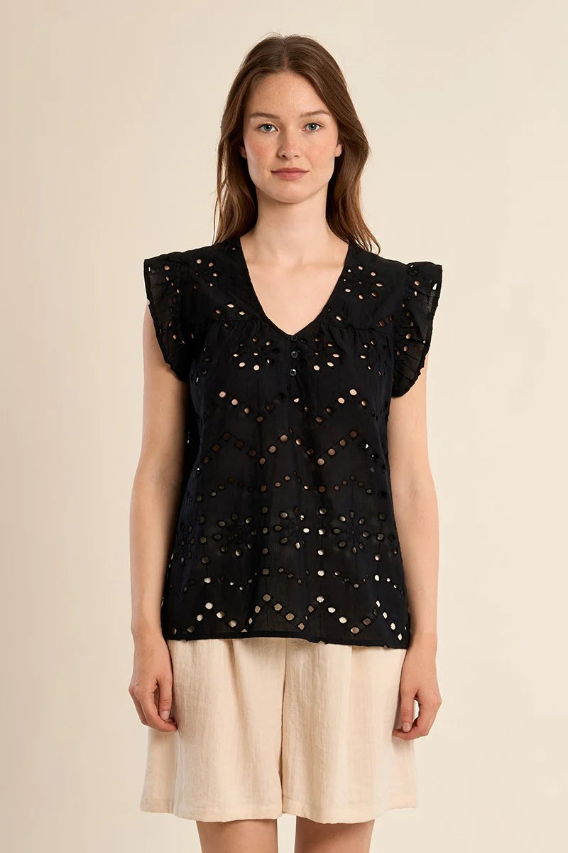 Black Openwork Embroidery Top – V-Neck Button Detail Blouse with Ruffled Short Sleeves