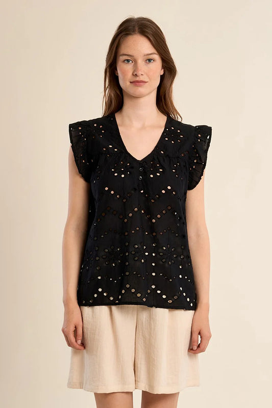 Black Openwork Embroidery Top – V-Neck Button Detail Blouse with Ruffled Short Sleeves
