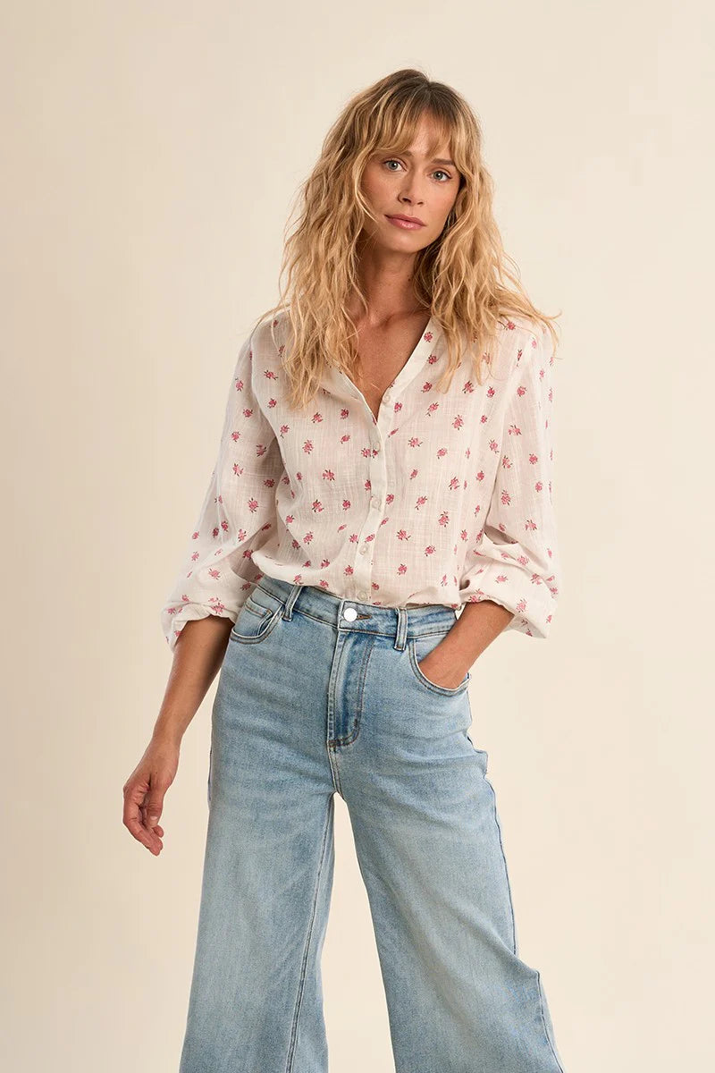 Floral Cotton Blouse – V-Neck Long Sleeve Button Front Top with Elastic Cuffs