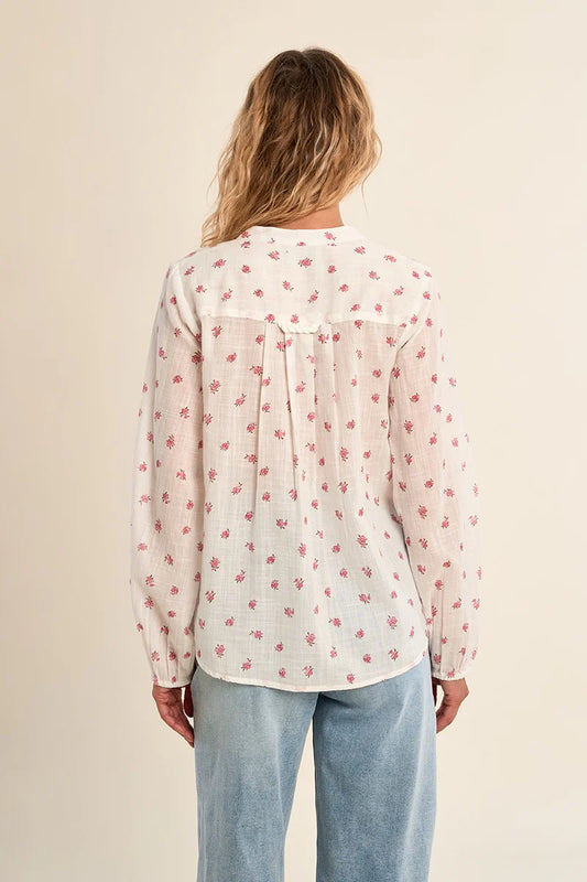 Floral Cotton Blouse – V-Neck Long Sleeve Button Front Top with Elastic Cuffs