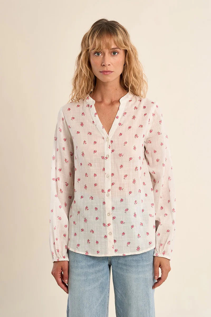 Floral Cotton Blouse – V-Neck Long Sleeve Button Front Top with Elastic Cuffs