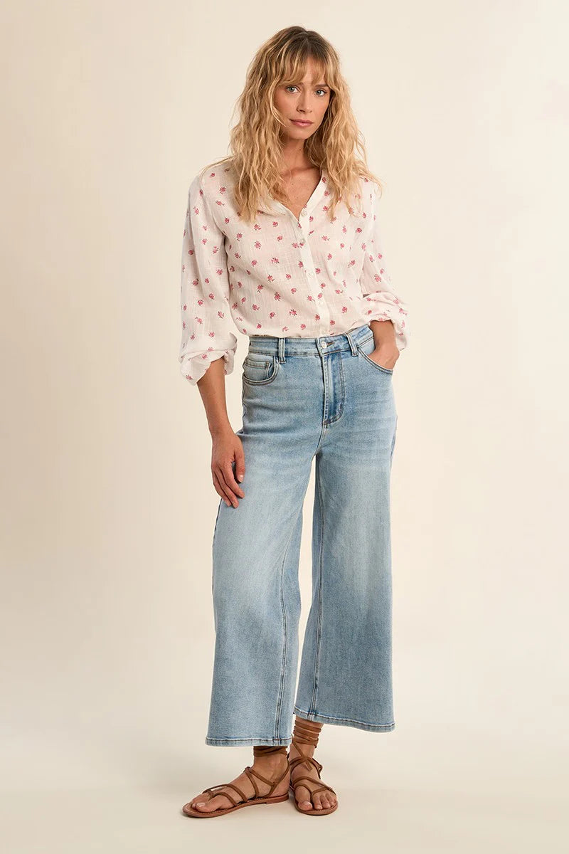 Floral Cotton Blouse – V-Neck Long Sleeve Button Front Top with Elastic Cuffs