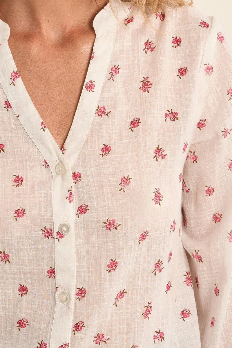 Floral Cotton Blouse – V-Neck Long Sleeve Button Front Top with Elastic Cuffs