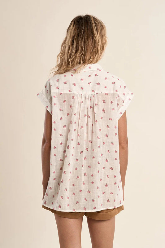 Floral Sleeveless Cotton Blouse – Shirt Collar Button Front Top
