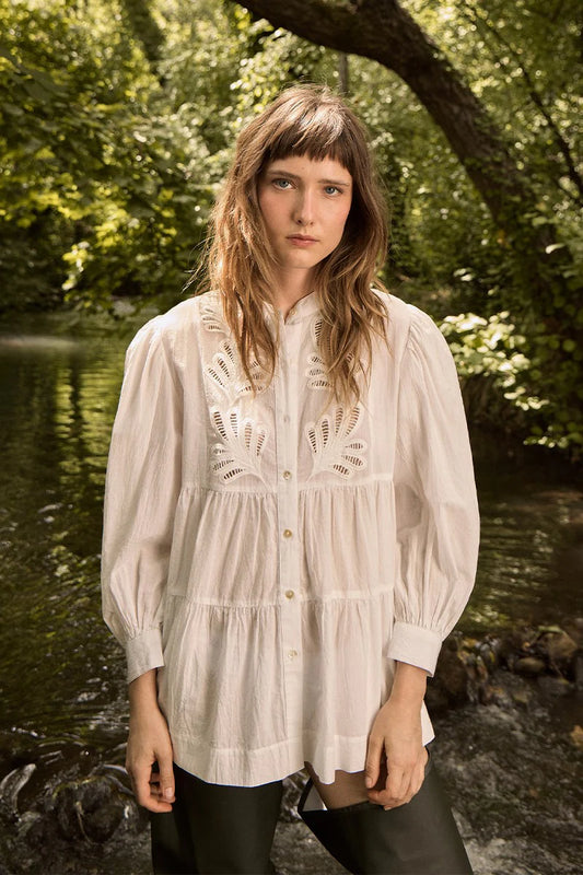 Long Broderie Anglaise Cotton Shirt – Loose Fit Puff Sleeve Button Front Blouse with Mandarin Collar