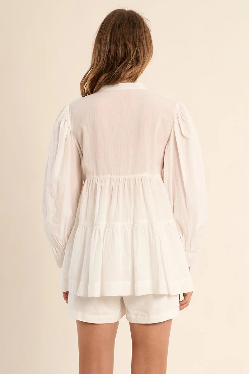 Long Broderie Anglaise Cotton Shirt – Loose Fit Puff Sleeve Button Front Blouse with Mandarin Collar