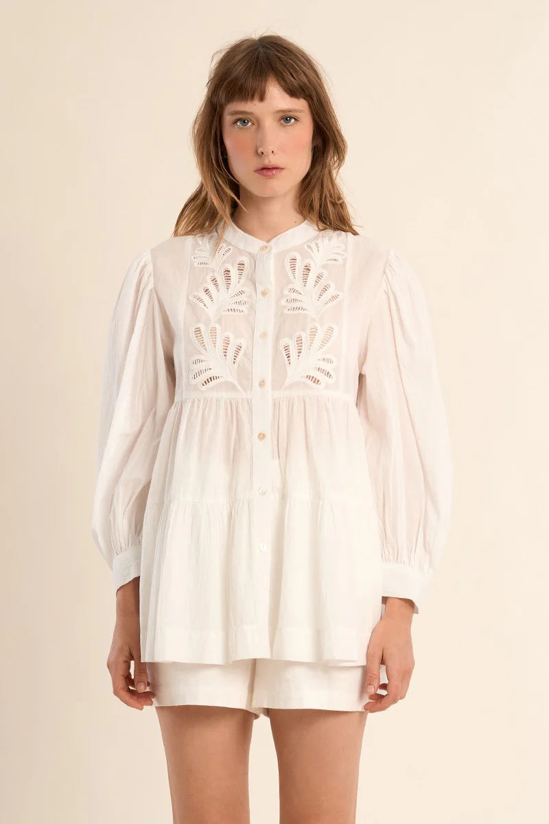Long Broderie Anglaise Cotton Shirt – Loose Fit Puff Sleeve Button Front Blouse with Mandarin Collar