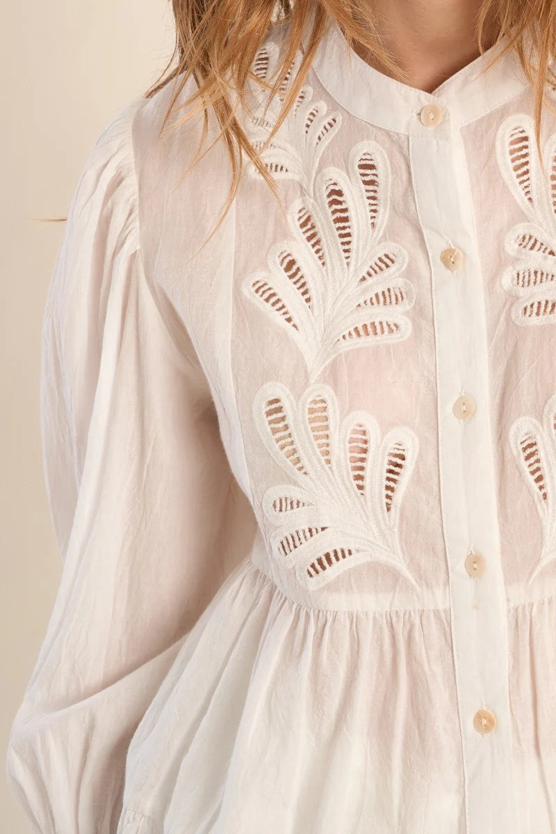 Long Broderie Anglaise Cotton Shirt – Loose Fit Puff Sleeve Button Front Blouse with Mandarin Collar