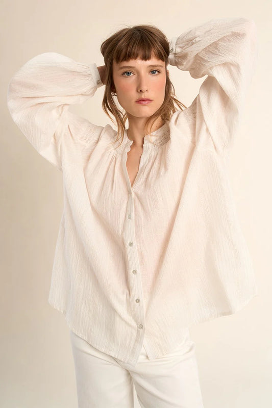White Cotton Blouse with Mandarin Collar & Ruffle Detail – Wide Fit Long Sleeve Button Cuff Top