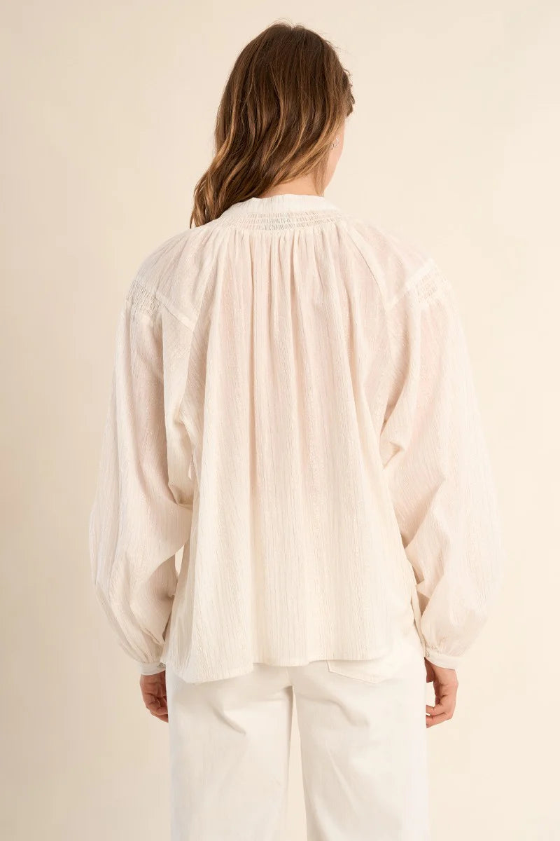 White Cotton Blouse with Mandarin Collar & Ruffle Detail – Wide Fit Long Sleeve Button Cuff Top