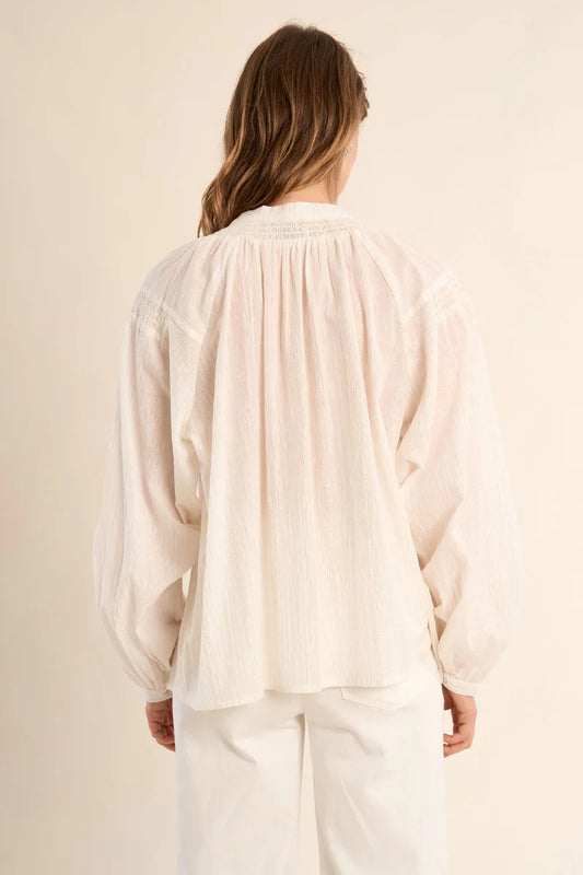 White Cotton Blouse with Mandarin Collar & Ruffle Detail – Wide Fit Long Sleeve Button Cuff Top