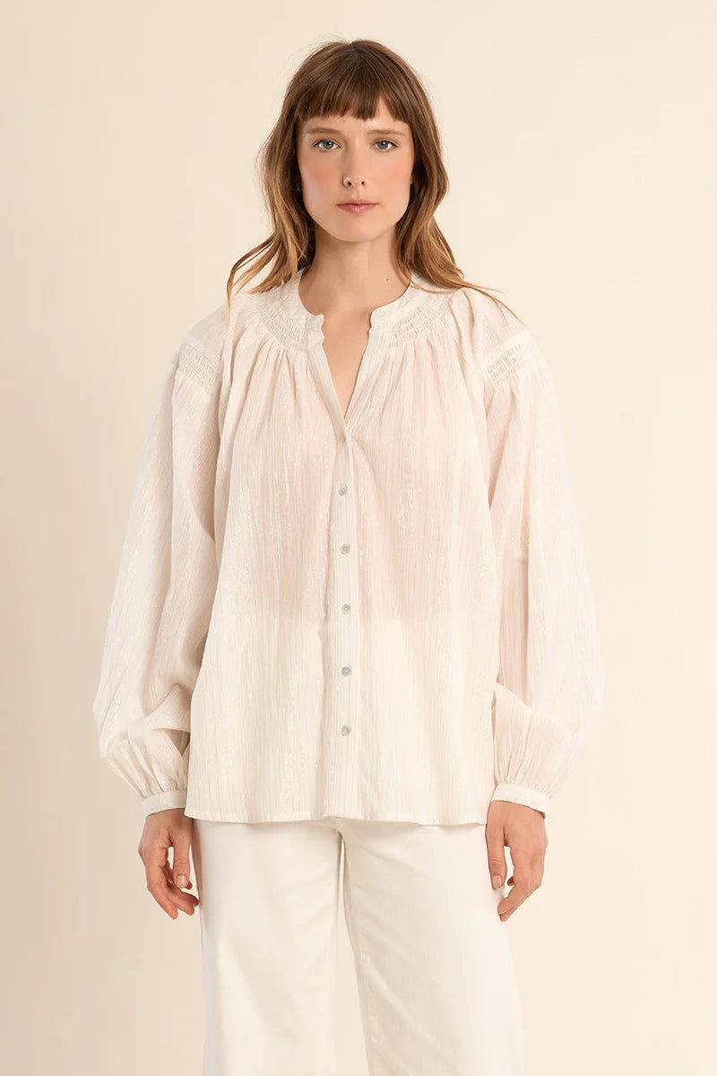 White Cotton Blouse with Mandarin Collar & Ruffle Detail – Wide Fit Long Sleeve Button Cuff Top