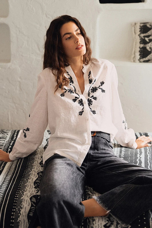 White Embroidered Blouse with Black Embroidery – Mandarin Collar Ruffle Shirt with Long Sleeves & Button Cuffs