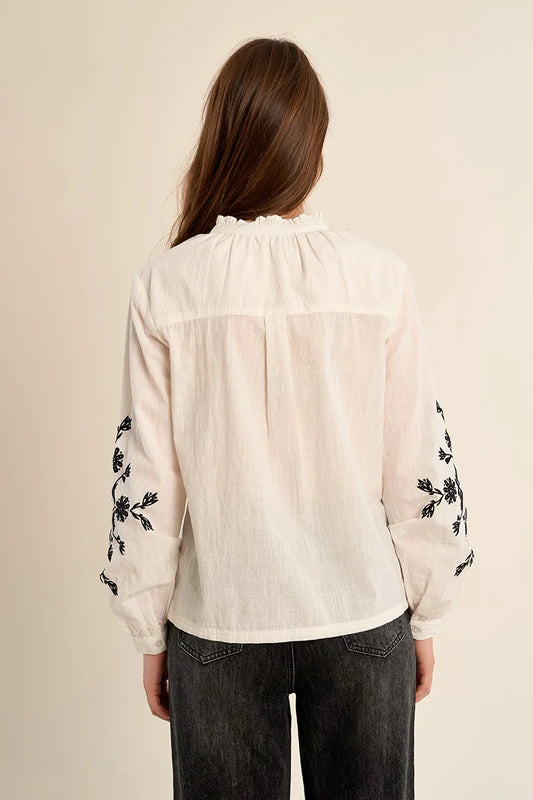 White Embroidered Blouse with Black Embroidery – Mandarin Collar Ruffle Shirt with Long Sleeves & Button Cuffs