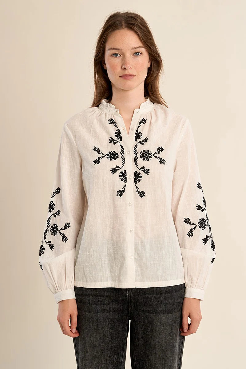 White Embroidered Blouse with Black Embroidery – Mandarin Collar Ruffle Shirt with Long Sleeves & Button Cuffs