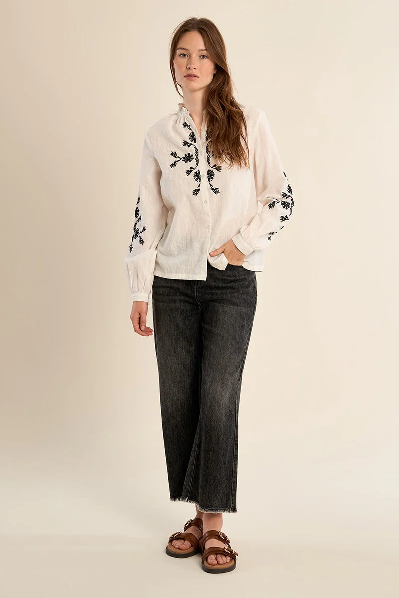 White Embroidered Blouse with Black Embroidery – Mandarin Collar Ruffle Shirt with Long Sleeves & Button Cuffs