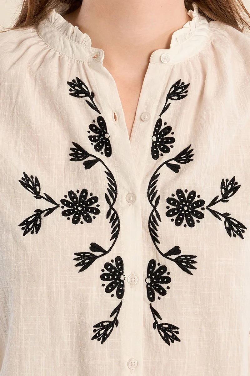 White Embroidered Blouse with Black Embroidery – Mandarin Collar Ruffle Shirt with Long Sleeves & Button Cuffs