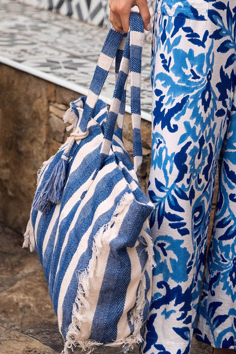 Cobalt Blue Striped Cotton Tote Bag – Large Zip Top Beach Tote with Pompom Handles & Fringe Detail
