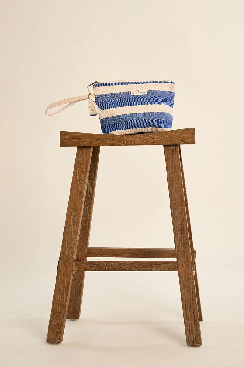 Cobalt Blue Striped Cotton Pouch – Braided Handle Zip Clutch with Tassel Detail