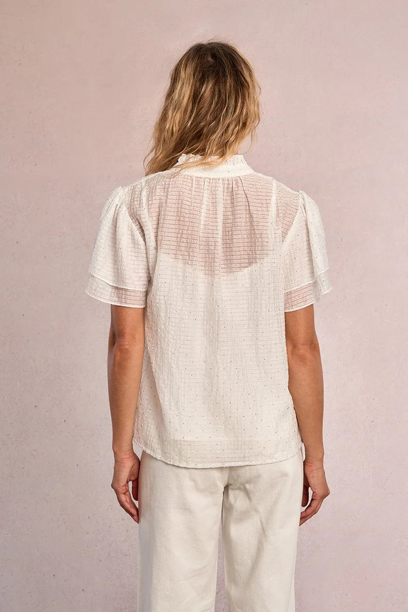 Rhinestone Ruffle Sleeve Blouse – Straight Fit Semi-Sheer Tunisian Collar Top