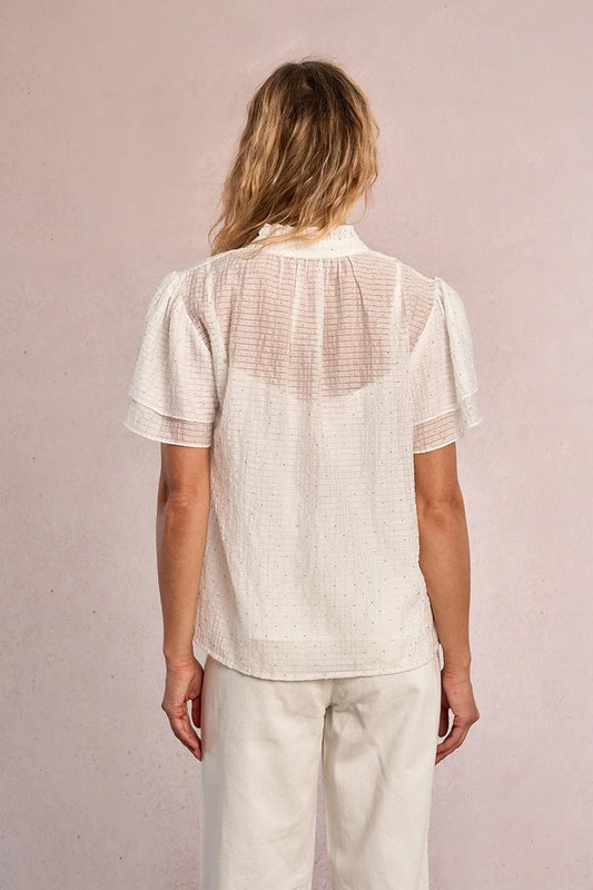 Rhinestone Ruffle Sleeve Blouse – Straight Fit Semi-Sheer Tunisian Collar Top