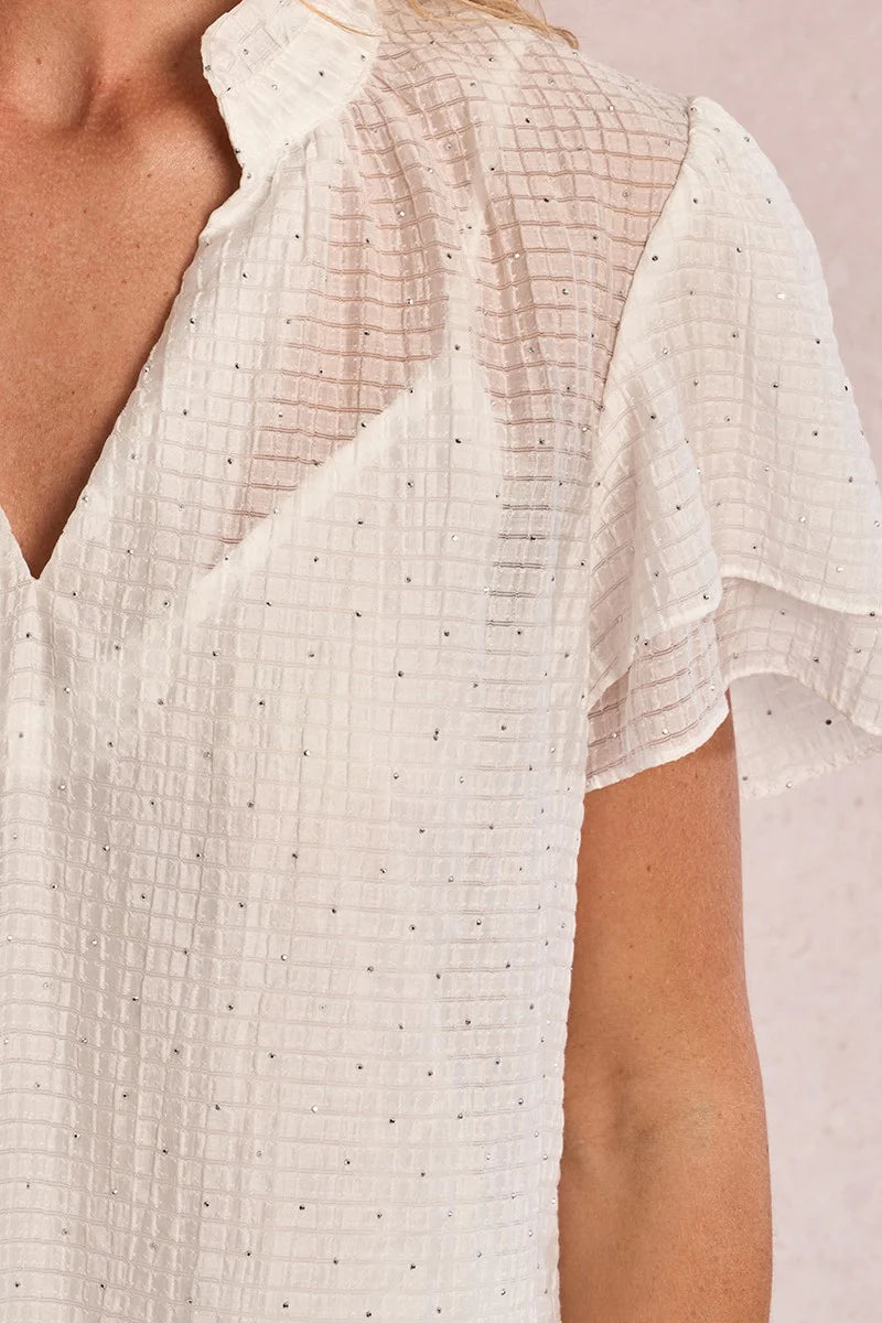 Rhinestone Ruffle Sleeve Blouse – Straight Fit Semi-Sheer Tunisian Collar Top