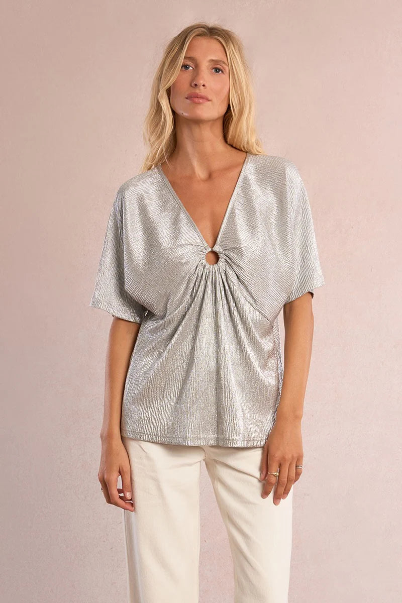 Iridescent Pleated V-Neck Top with Ring Detail – Flattering Short Sleeve Blouse