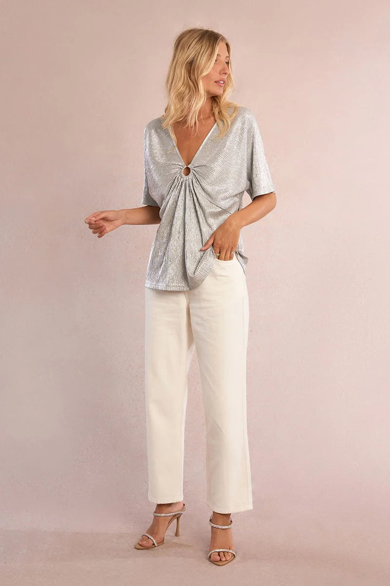 Iridescent Pleated V-Neck Top with Ring Detail – Flattering Short Sleeve Blouse