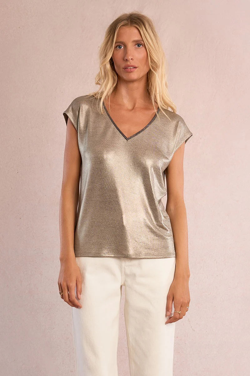 Iridescent V-Neck T-Shirt with Cap Sleeves – Shimmer Finish Straight Fit Tee