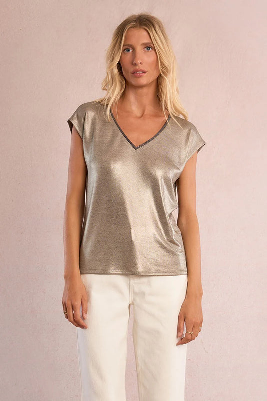 Iridescent V-Neck T-Shirt with Cap Sleeves – Shimmer Finish Straight Fit Tee