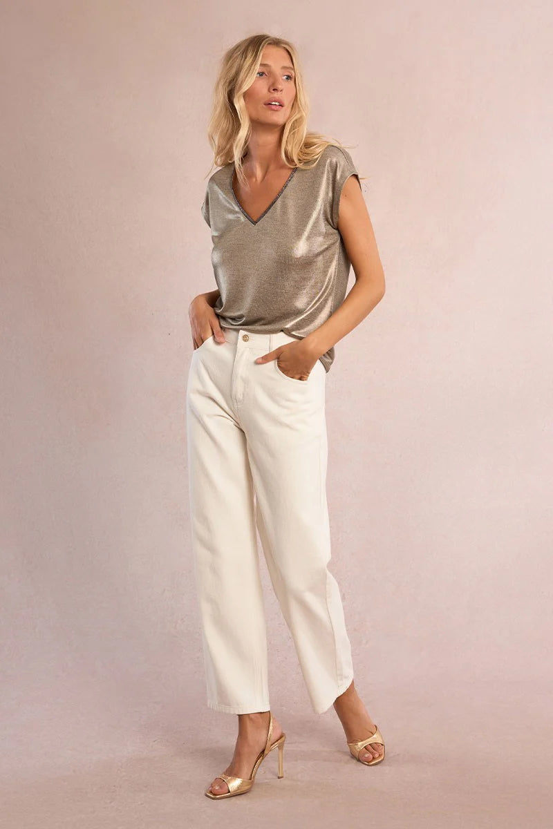 Iridescent V-Neck T-Shirt with Cap Sleeves – Shimmer Finish Straight Fit Tee