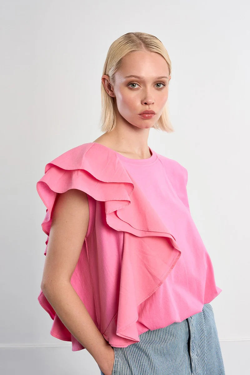 Asymmetrical Ruffle Sporty Tee – Oversized Cropped Round Neck Top
