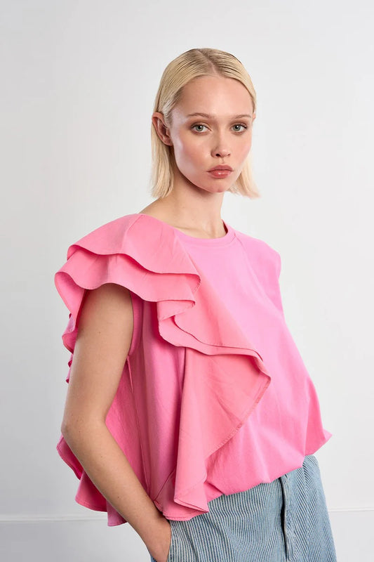 Asymmetrical Ruffle Sporty Tee – Oversized Cropped Round Neck Top