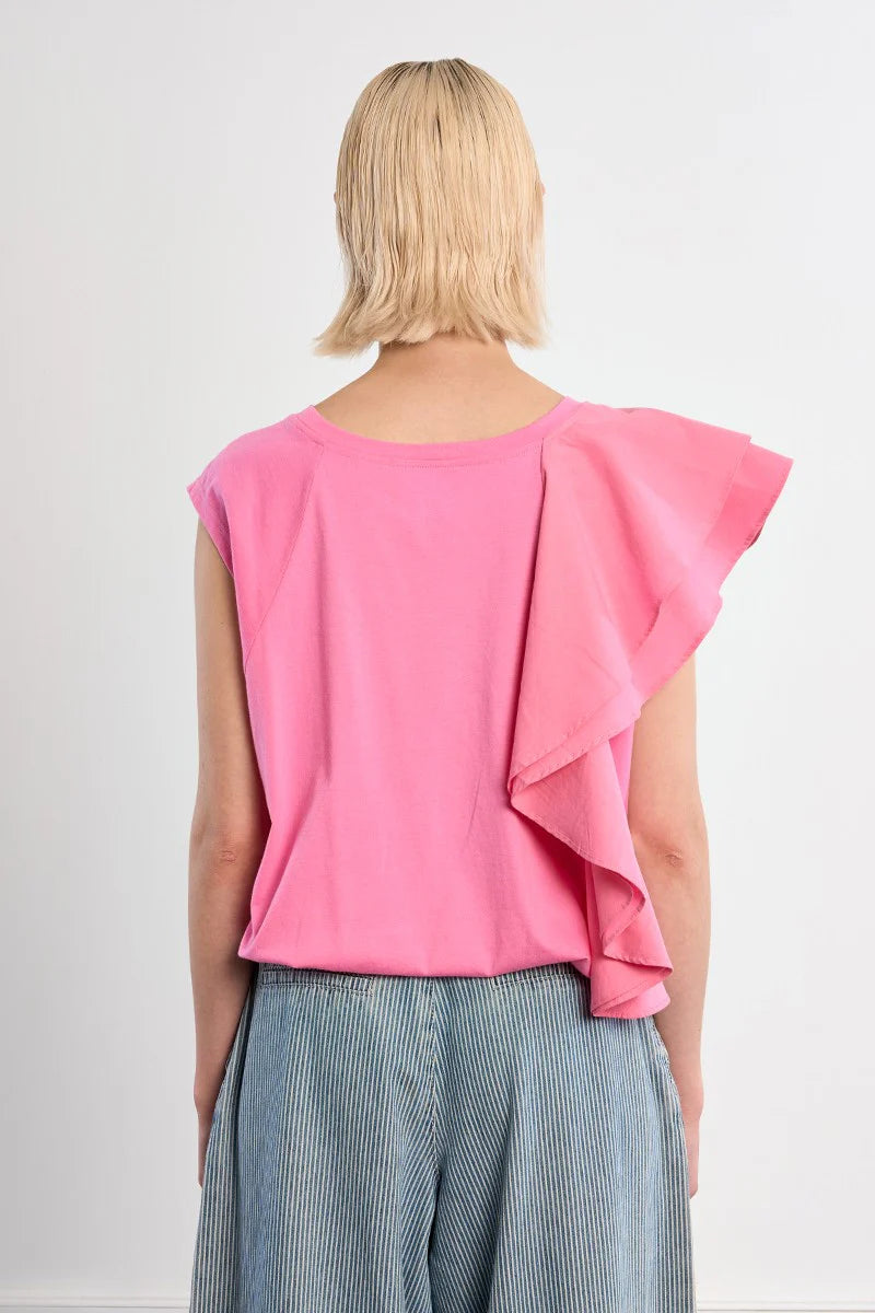Asymmetrical Ruffle Sporty Tee – Oversized Cropped Round Neck Top