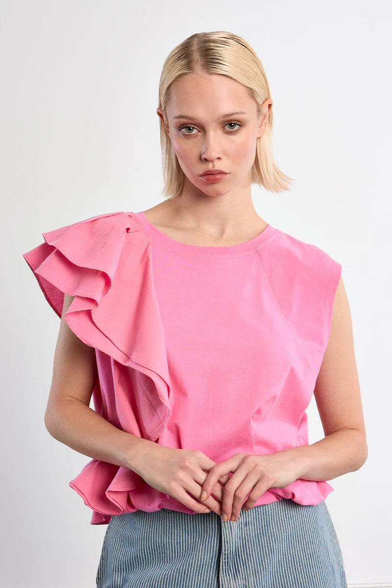 Asymmetrical Ruffle Sporty Tee – Oversized Cropped Round Neck Top
