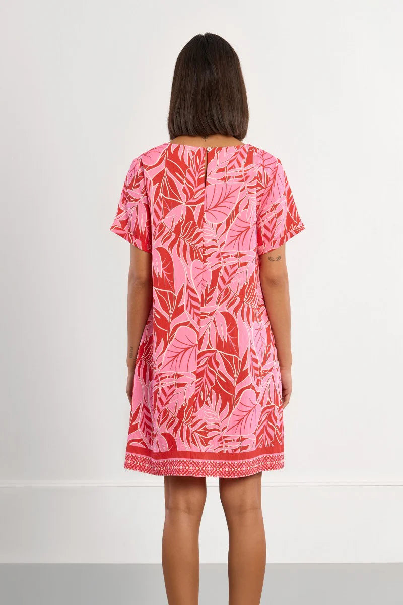 Red Belize Print T-Shirt Dress – Playa Graphic Tee Dress with Short Sleeves & Relaxed Straight Fit