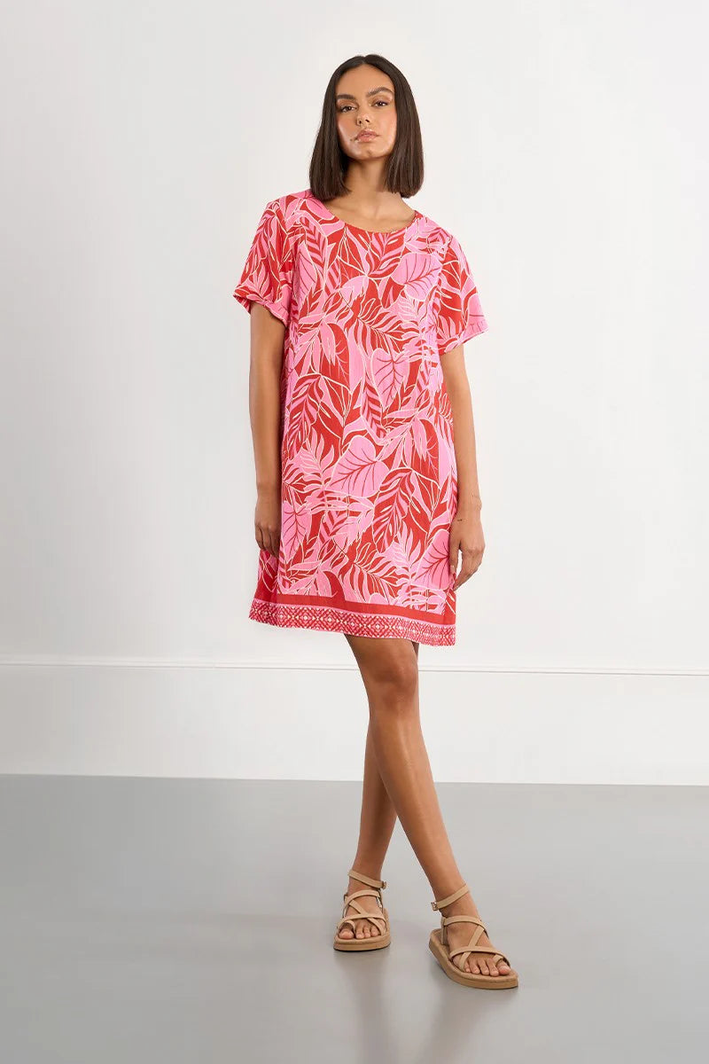 Red Belize Print T-Shirt Dress – Playa Graphic Tee Dress with Short Sleeves & Relaxed Straight Fit