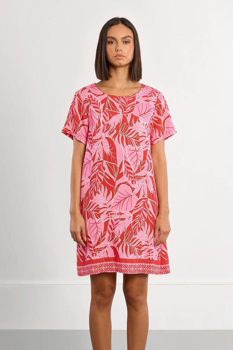 Red Belize Print T-Shirt Dress – Playa Graphic Tee Dress with Short Sleeves & Relaxed Straight Fit