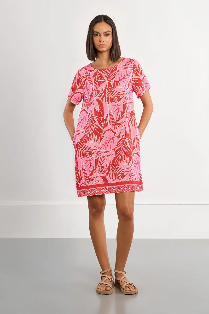 Red Belize Print T-Shirt Dress – Playa Graphic Tee Dress with Short Sleeves & Relaxed Straight Fit