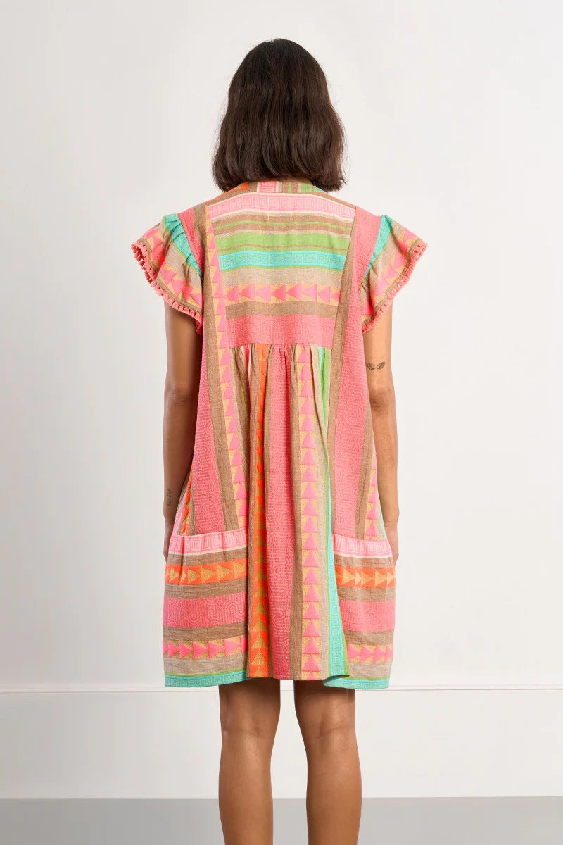 Multicolor Short Sleeve V-Neck Button Dress – Lightweight Printed Summer Dress for Women